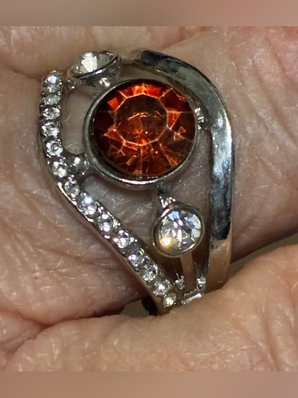 Silver-tone Women's Stretch Ring with Amber and Clear Stones